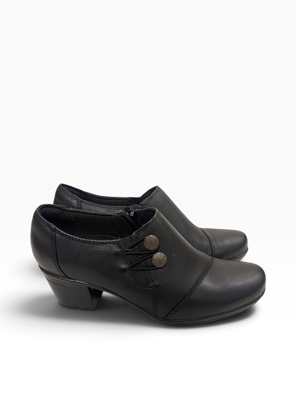 Women's Clarks Emslie Black Leather Ankle Boots Booties Low Heel Shoes
